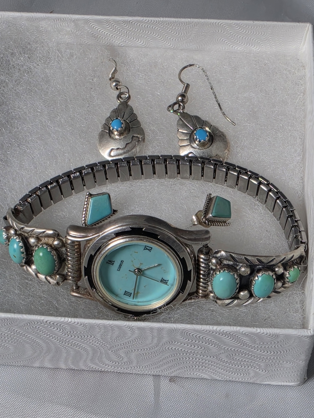Vintage Native American Sterling Silver Turquoise Watch Cuff with Matching Earri